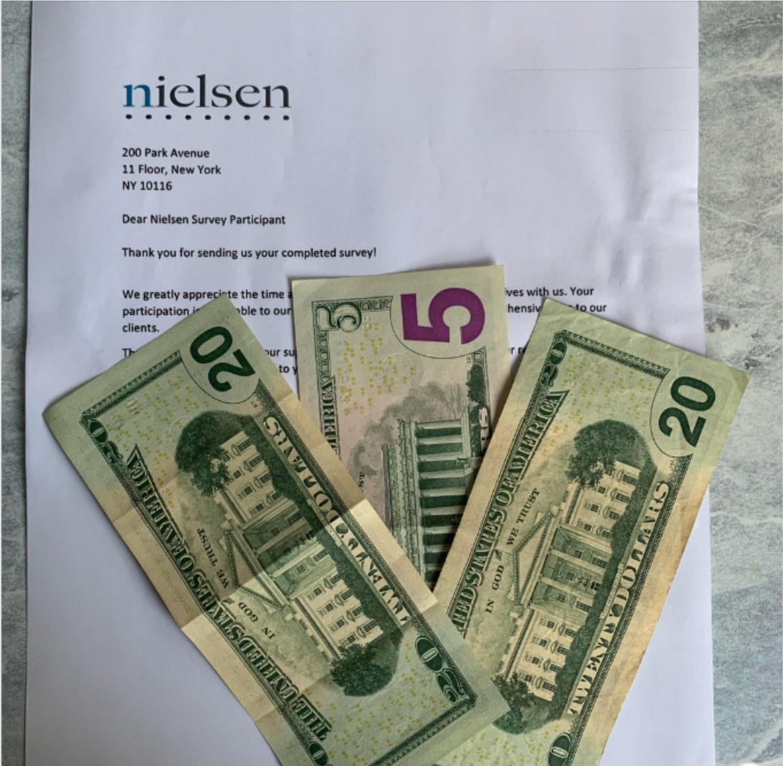 Survey cash reward: forty-five dollars on a Nielsen letter
